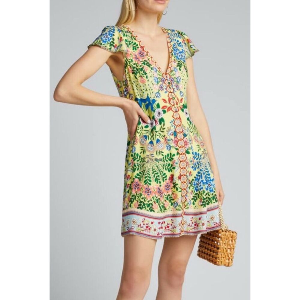 Alice + Olivia Yellow Floral V-Neck Mini Dress with Multicolor Floral Print